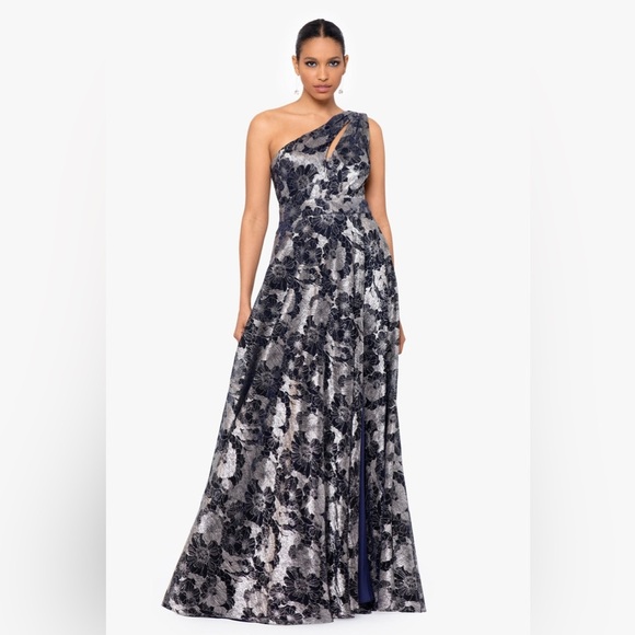 GWEN" LONG ONE SHOULDER WRAP FOIL FLOWER DRESS.              A - Picture 1 of 16